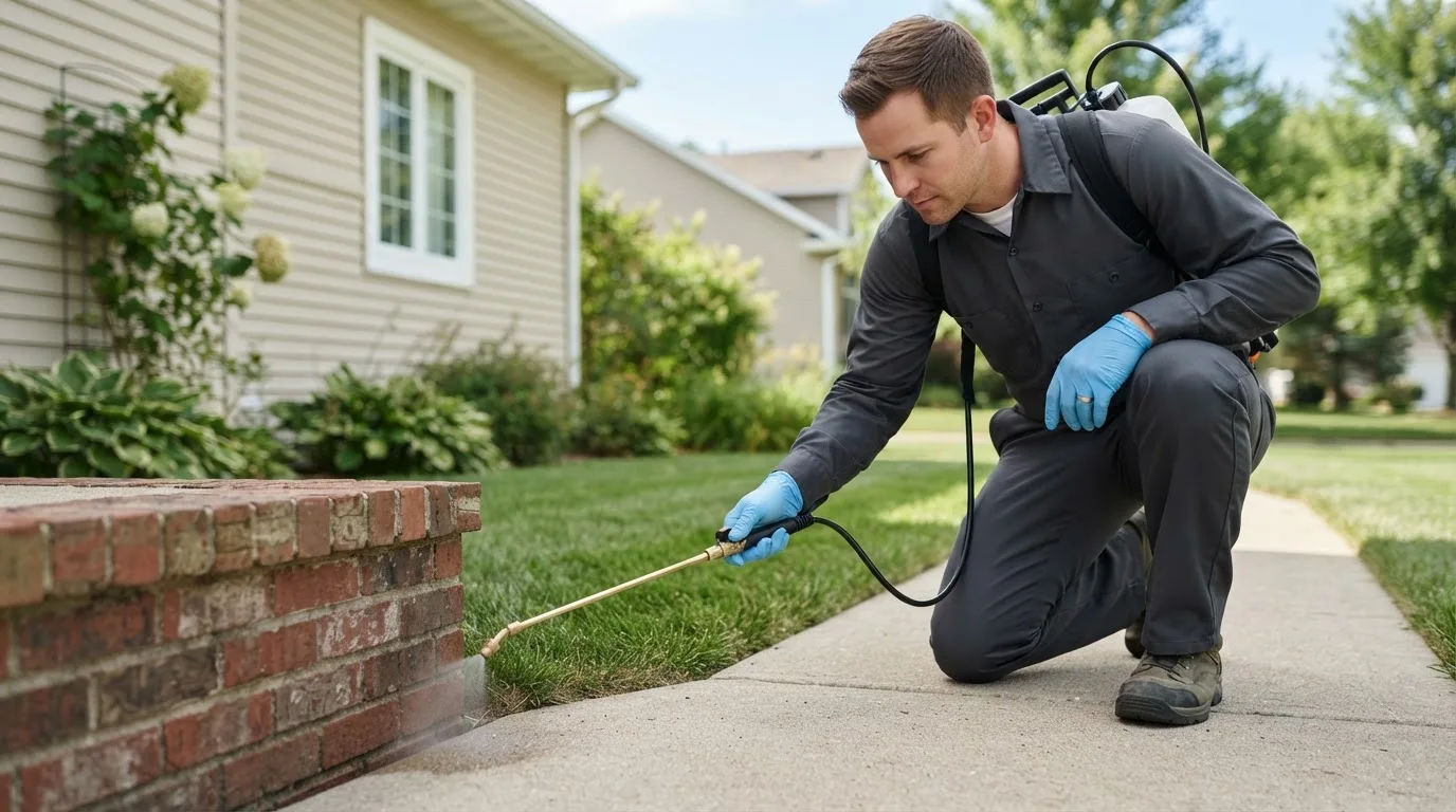 Pest control technician treating a home near Brighton, MI